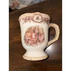 Woodland Pedestal Mug Cracker Barrel Deer Susan Winget Stoneware 12-14 Ounces